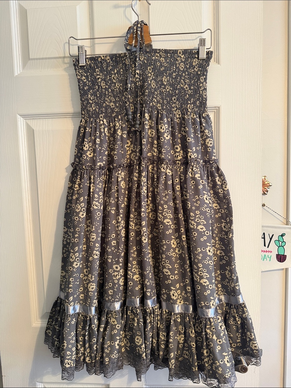 Lapis Charcoal and Cream Smocked Dress with Floral Print